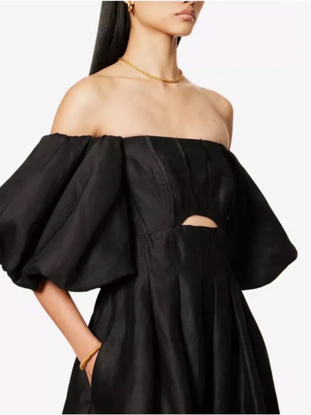 AJE Off-Shoulder Black Puff-Sleeve Dress Size UK8